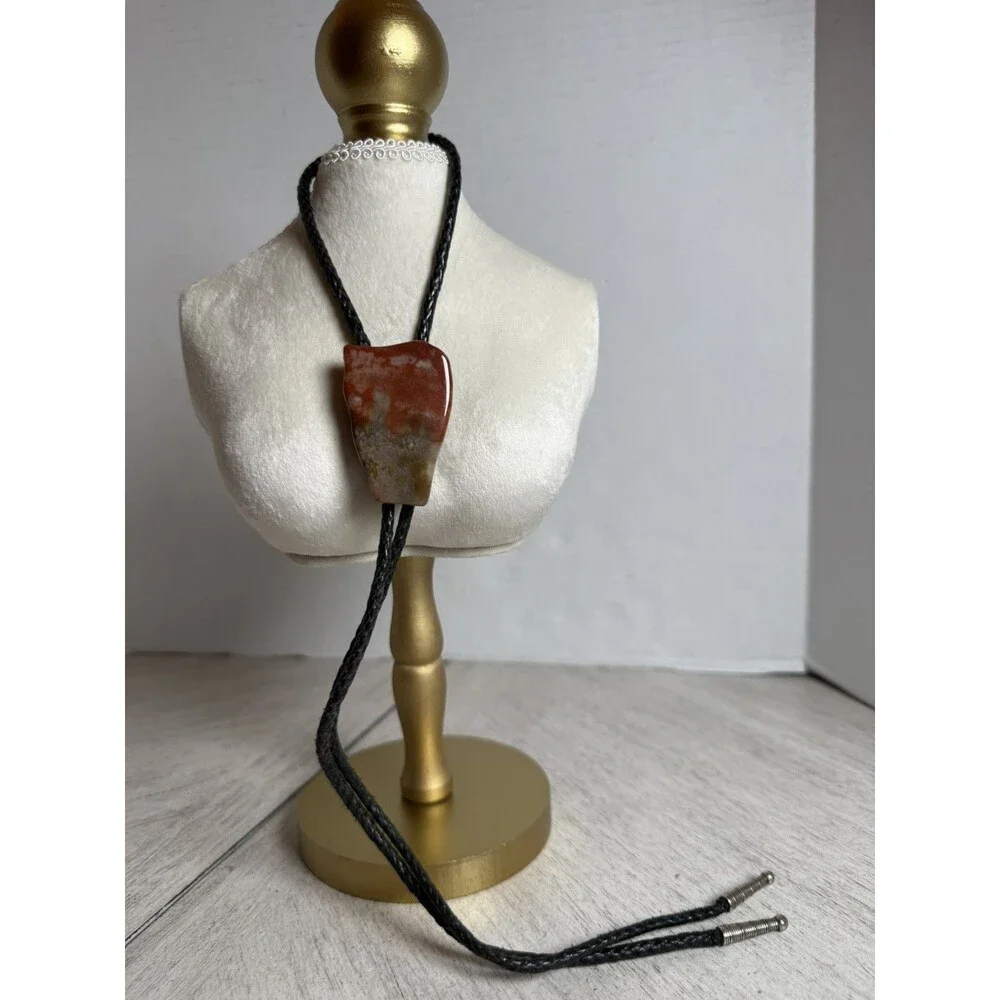 Handcrafted Natural Agate Jasper Stone Slab Bolo Tie Black Braided Leather Cord